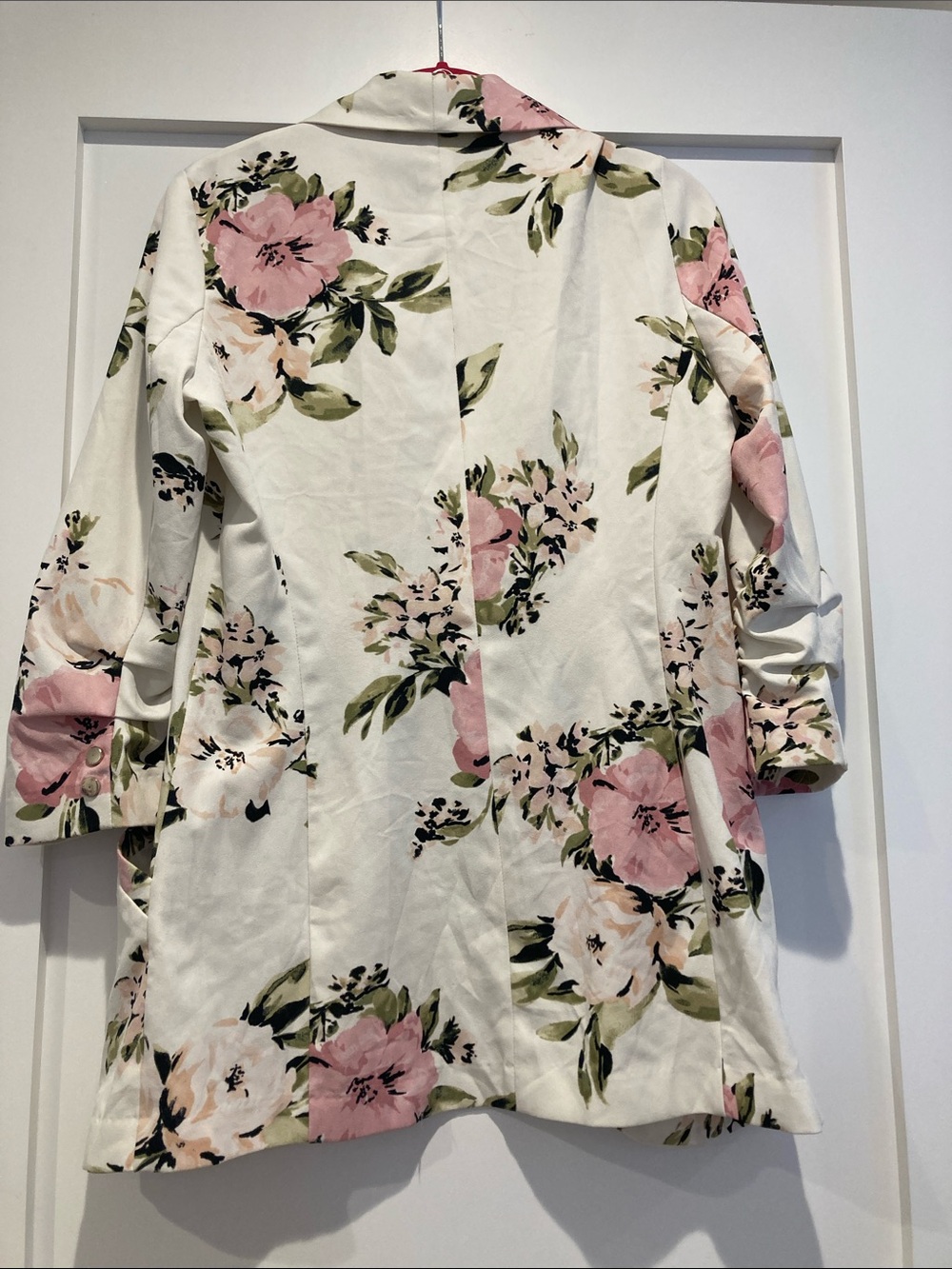 Dynamite White Floral Open Blazer with Pink Blooms - Picture 2 of 3